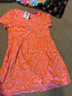 Girls' Swirl Print Short Sleeve Dress in Orange & Pink